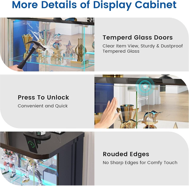 Alt view image 3 of 7 - LED Display Cabinet with Glass Doors, Human Sensor RGB Lights, Rounded Design LED Curio Cabinet for Collectibles, Black