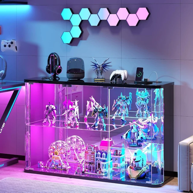 Main image of LED Display Cabinet with Glass Doors, Human Sensor RGB Lights, Rounded Design LED Curio Cabinet for Collectibles, Black