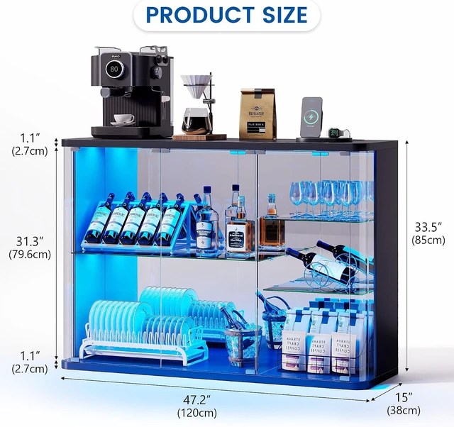 Alt view image 2 of 7 - LED Display Cabinet with Glass Doors, Human Sensor RGB Lights, Rounded Design LED Curio Cabinet for Collectibles, Black