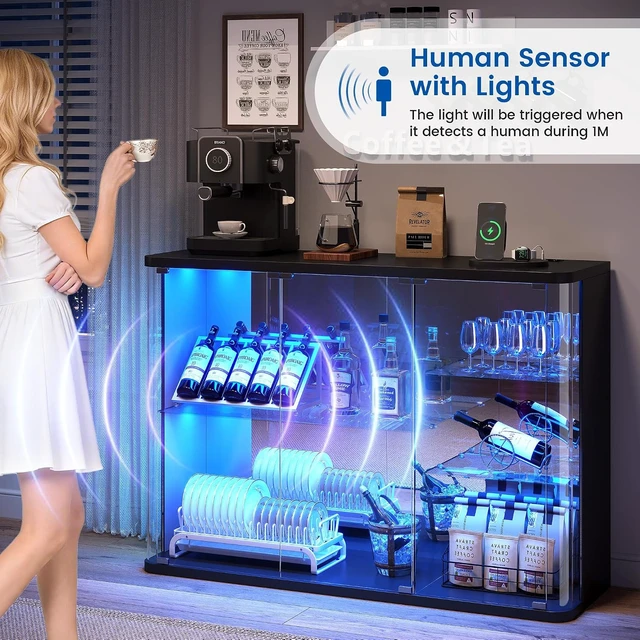 Alt view image 7 of 7 - LED Display Cabinet with Glass Doors, Human Sensor RGB Lights, Rounded Design LED Curio Cabinet for Collectibles, Black
