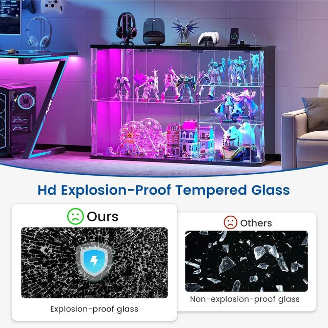Alt view image 5 of 7 - LED Display Cabinet with Glass Doors, Human Sensor RGB Lights, Rounded Design LED Curio Cabinet for Collectibles, Black