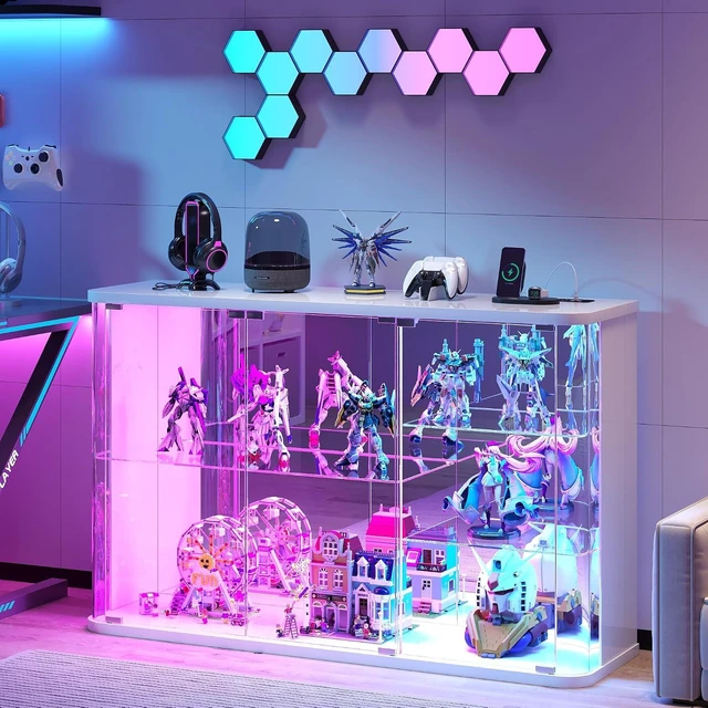Main image of LED Display Cabinet with Glass Doors, Human Sensor RGB Lights, Rounded Design LED Curio Cabinet for Collectibles, White