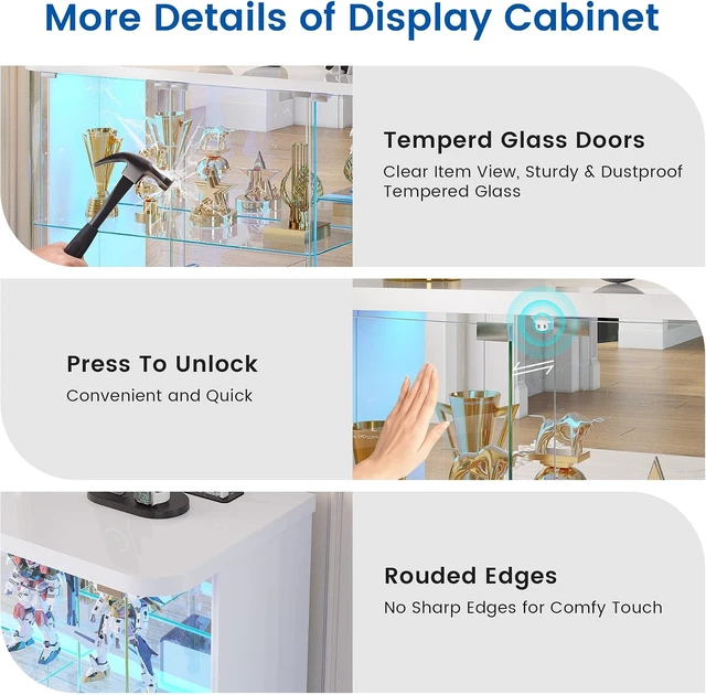 Alt view image 7 of 7 - LED Display Cabinet with Glass Doors, Human Sensor RGB Lights, Rounded Design LED Curio Cabinet for Collectibles, White