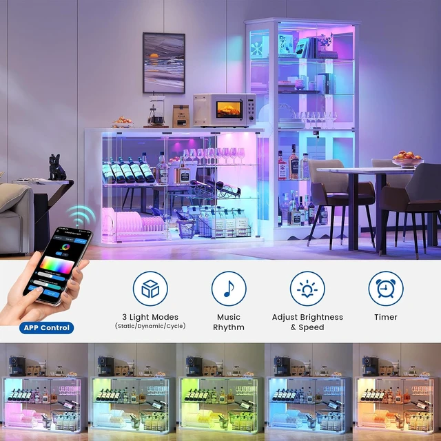 Alt view image 3 of 7 - LED Display Cabinet with Glass Doors, Human Sensor RGB Lights, Rounded Design LED Curio Cabinet for Collectibles, White