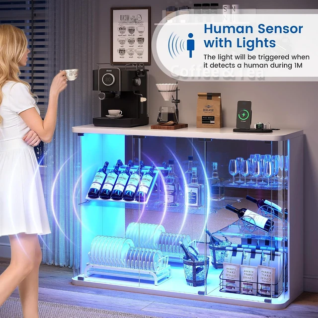 Alt view image 5 of 7 - LED Display Cabinet with Glass Doors, Human Sensor RGB Lights, Rounded Design LED Curio Cabinet for Collectibles, White