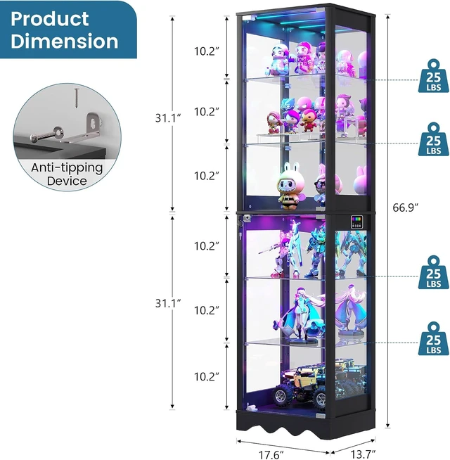 Alt view image 2 of 7 - RGB Glass Display Cabinet, Easy to Assemble, Mirrored Black, Sturdy Build, Spacious 6-Tier Display, Adjustable Shelves, APP Lighting Control, Motion Sensor, Lockable Lower Door