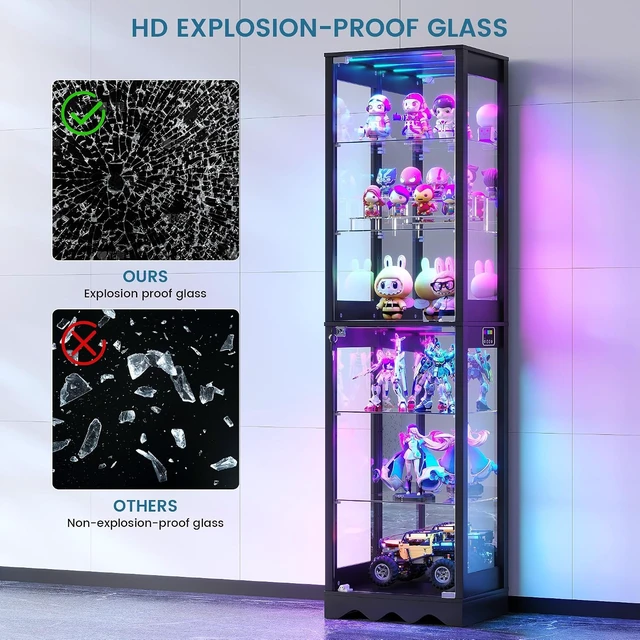 Alt view image 3 of 7 - RGB Glass Display Cabinet, Easy to Assemble, Mirrored Black, Sturdy Build, Spacious 6-Tier Display, Adjustable Shelves, APP Lighting Control, Motion Sensor, Lockable Lower Door