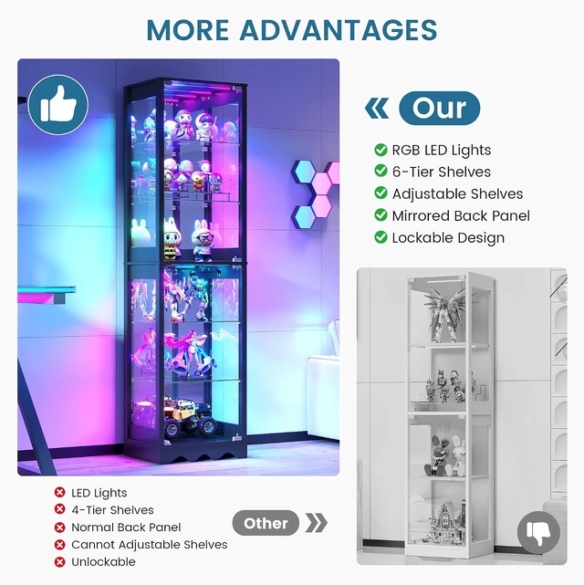 Alt view image 4 of 7 - RGB Glass Display Cabinet, Easy to Assemble, Mirrored Black, Sturdy Build, Spacious 6-Tier Display, Adjustable Shelves, APP Lighting Control, Motion Sensor, Lockable Lower Door