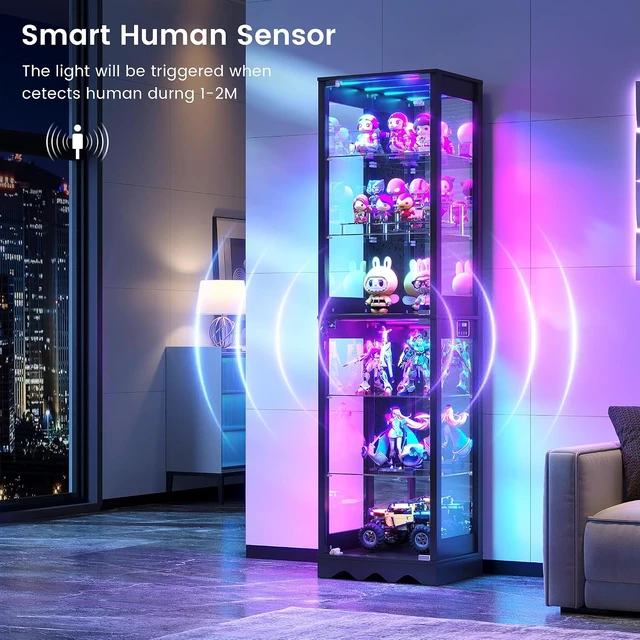 Alt view image 6 of 7 - RGB Glass Display Cabinet, Easy to Assemble, Mirrored Black, Sturdy Build, Spacious 6-Tier Display, Adjustable Shelves, APP Lighting Control, Motion Sensor, Lockable Lower Door