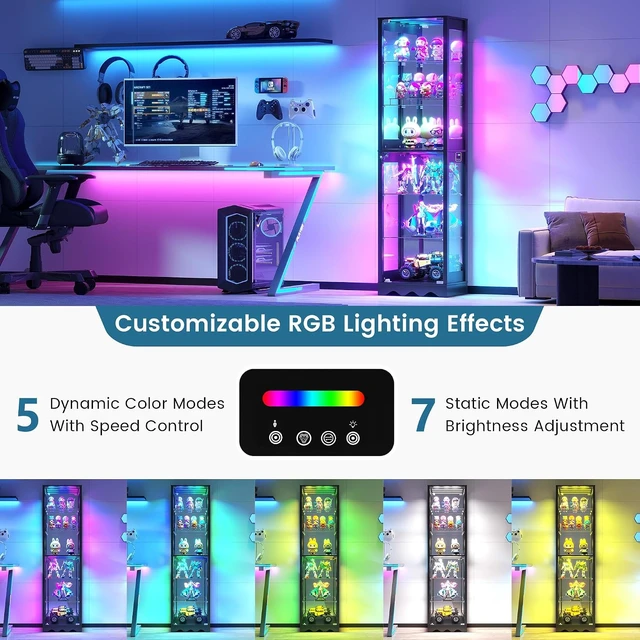 Alt view image 7 of 7 - RGB Glass Display Cabinet, Easy to Assemble, Mirrored Black, Sturdy Build, Spacious 6-Tier Display, Adjustable Shelves, APP Lighting Control, Motion Sensor, Lockable Lower Door