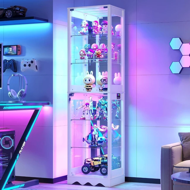 Main image of 6 Tier Glass Display Cabinet with RGB Lights Adjustable Shelves, Human Sensor Lighting Curio Cabinet, Modern LED Display Case for Collectibles, White