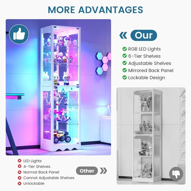 Alt view image 7 of 7 - 6 Tier Glass Display Cabinet with RGB Lights Adjustable Shelves, Human Sensor Lighting Curio Cabinet, Modern LED Display Case for Collectibles, White