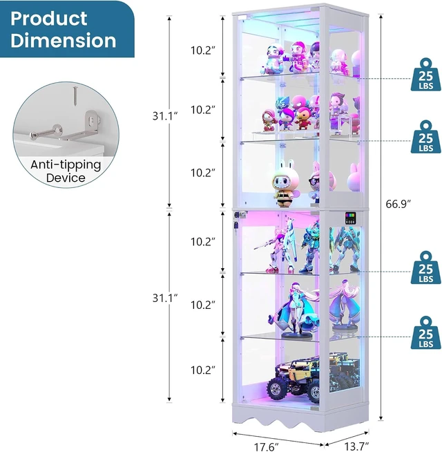 Alt view image 2 of 7 - 6 Tier Glass Display Cabinet with RGB Lights Adjustable Shelves, Human Sensor Lighting Curio Cabinet, Modern LED Display Case for Collectibles, White