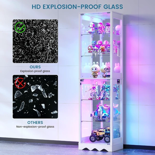 Alt view image 5 of 7 - 6 Tier Glass Display Cabinet with RGB Lights Adjustable Shelves, Human Sensor Lighting Curio Cabinet, Modern LED Display Case for Collectibles, White
