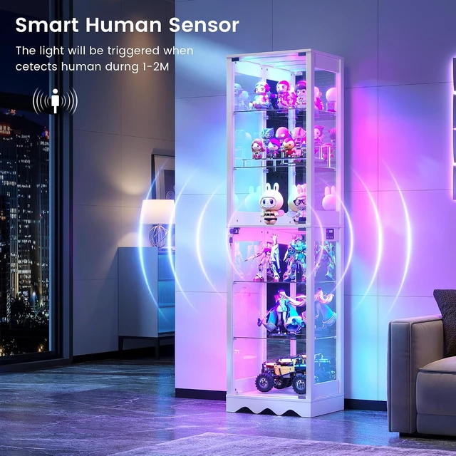 Alt view image 4 of 7 - 6 Tier Glass Display Cabinet with RGB Lights Adjustable Shelves, Human Sensor Lighting Curio Cabinet, Modern LED Display Case for Collectibles, White