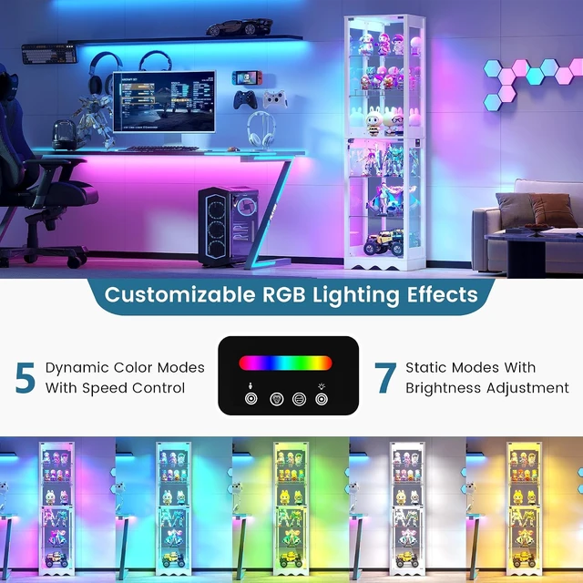 Alt view image 6 of 7 - 6 Tier Glass Display Cabinet with RGB Lights Adjustable Shelves, Human Sensor Lighting Curio Cabinet, Modern LED Display Case for Collectibles, White