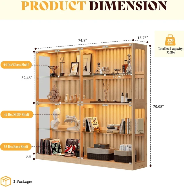 Alt view image 6 of 7 - 75-Inch RGB Display Cabinet with Glass Shelves, 70 H x 75 W x 16 D In, 4-Tier Storage, RGB LED Lights, Press-to-Open Doors, for Collectibles, Wood-Grain Slatted Finish