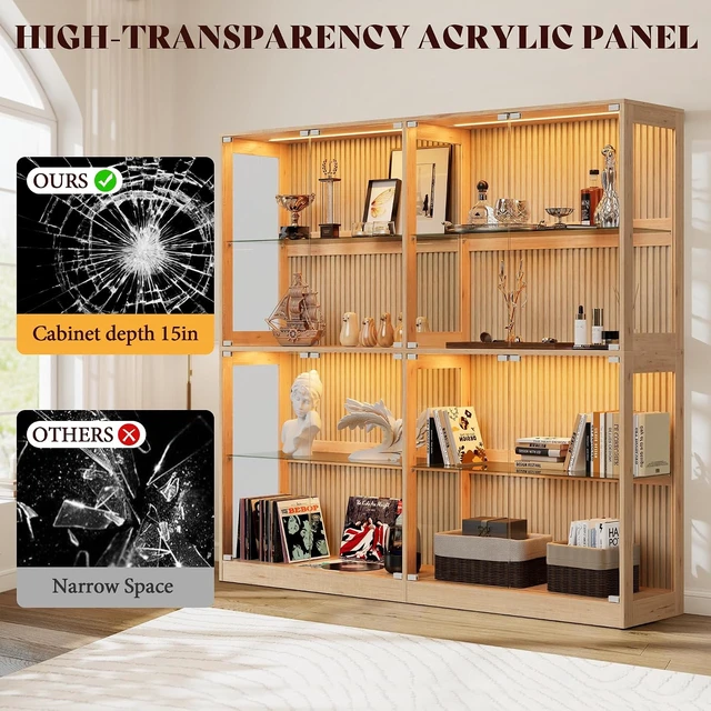 Alt view image 7 of 7 - 60-Inch RGB Display Cabinet with Glass Shelves 70 H x 60 W x 16 D In, 4-Tier Storage, RGB LED Lights, Press-to-Open Doors, for Collectibles, Wood-Grain Slatted Finish