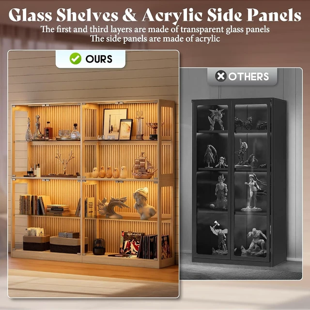 Alt view image 6 of 7 - 60-Inch RGB Display Cabinet with Glass Shelves 70 H x 60 W x 16 D In, 4-Tier Storage, RGB LED Lights, Press-to-Open Doors, for Collectibles, Wood-Grain Slatted Finish
