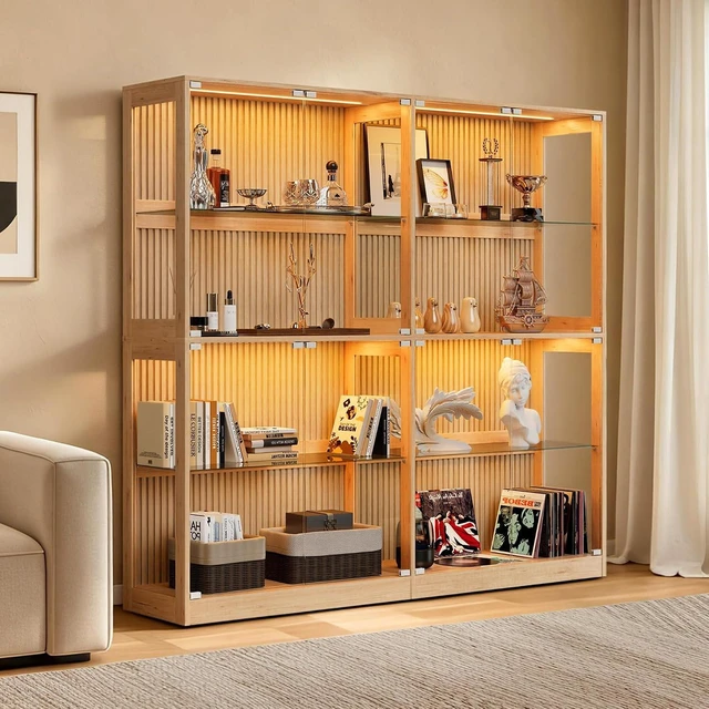 Main image of 75-Inch RGB Display Cabinet with Glass Shelves, 70 H x 75 W x 16 D In, 4-Tier Storage, RGB LED Lights, Press-to-Open Doors, for Collectibles, Wood-Grain Slatted Finish