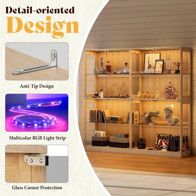 Alt view image 5 of 7 - 60-Inch RGB Display Cabinet with Glass Shelves 70 H x 60 W x 16 D In, 4-Tier Storage, RGB LED Lights, Press-to-Open Doors, for Collectibles, Wood-Grain Slatted Finish