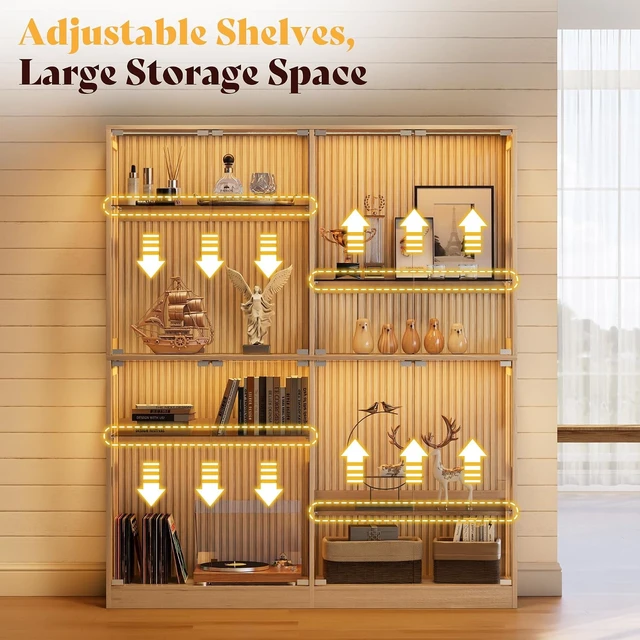 Alt view image 4 of 7 - 60-Inch RGB Display Cabinet with Glass Shelves 70 H x 60 W x 16 D In, 4-Tier Storage, RGB LED Lights, Press-to-Open Doors, for Collectibles, Wood-Grain Slatted Finish