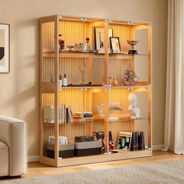 Main image of 60-Inch RGB Display Cabinet with Glass Shelves 70 H x 60 W x 16 D In, 4-Tier Storage, RGB LED Lights, Press-to-Open Doors, for Collectibles, Wood-Grain Slatted Finish