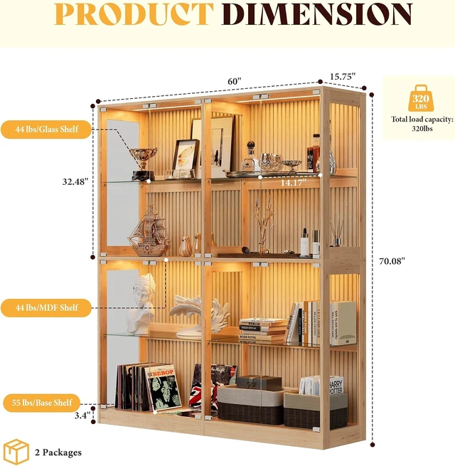 Alt view image 2 of 7 - 60-Inch RGB Display Cabinet with Glass Shelves 70 H x 60 W x 16 D In, 4-Tier Storage, RGB LED Lights, Press-to-Open Doors, for Collectibles, Wood-Grain Slatted Finish