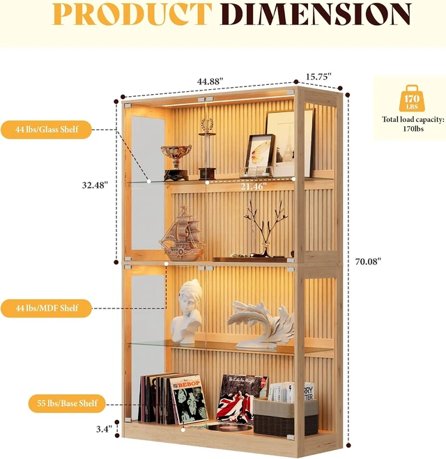 Alt view image 2 of 7 - 45-Inch RGB Display Cabinet with Glass Doors 70 H x 45 W x 16 D In, 4-Tier Storage, RGB LED Lights, Press-to-Open Doors, for Collectibles, Wood-Grain Slatted Finish