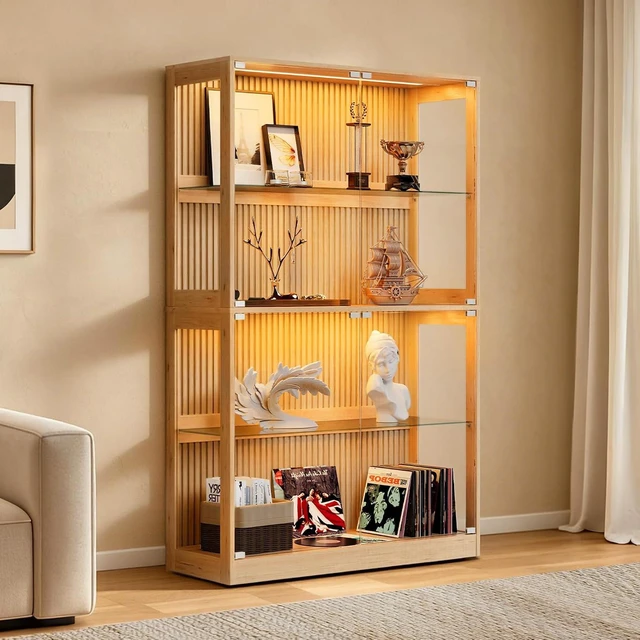 Main image of 45-Inch RGB Display Cabinet with Glass Doors 70 H x 45 W x 16 D In, 4-Tier Storage, RGB LED Lights, Press-to-Open Doors, for Collectibles, Wood-Grain Slatted Finish