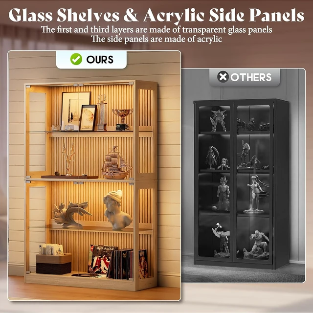 Alt view image 4 of 7 - 45-Inch RGB Display Cabinet with Glass Doors 70 H x 45 W x 16 D In, 4-Tier Storage, RGB LED Lights, Press-to-Open Doors, for Collectibles, Wood-Grain Slatted Finish