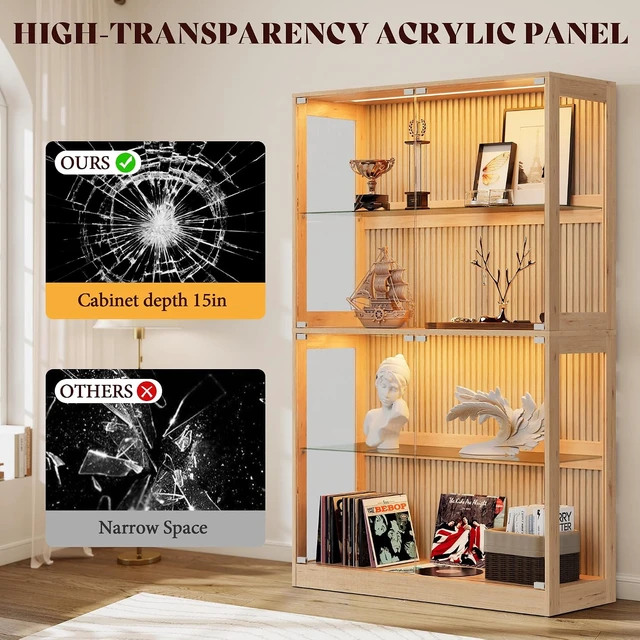 Alt view image 5 of 7 - 45-Inch RGB Display Cabinet with Glass Doors 70 H x 45 W x 16 D In, 4-Tier Storage, RGB LED Lights, Press-to-Open Doors, for Collectibles, Wood-Grain Slatted Finish