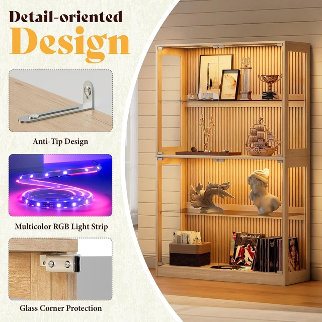 Alt view image 3 of 7 - 45-Inch RGB Display Cabinet with Glass Doors 70 H x 45 W x 16 D In, 4-Tier Storage, RGB LED Lights, Press-to-Open Doors, for Collectibles, Wood-Grain Slatted Finish