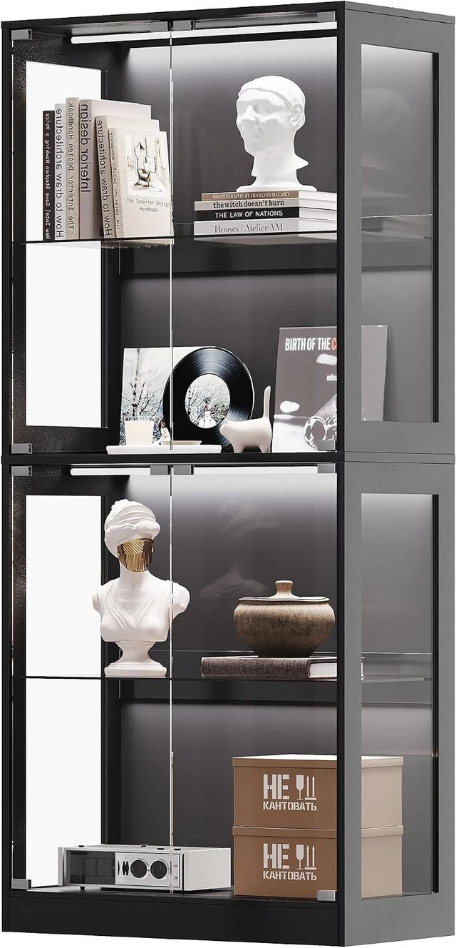 Main image of 70 H x 32 W x 16 D Inch RGB Display Cabinet with Glass Shelves 4-Tier Storage, RGB LED Lights, Press-to-Open Doors, for Collectibles, Black