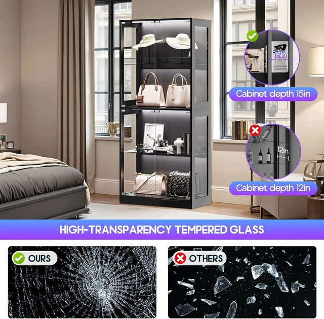 Alt view image 6 of 7 - 70 H x 32 W x 16 D Inch RGB Display Cabinet with Glass Shelves 4-Tier Storage, RGB LED Lights, Press-to-Open Doors, for Collectibles, Black