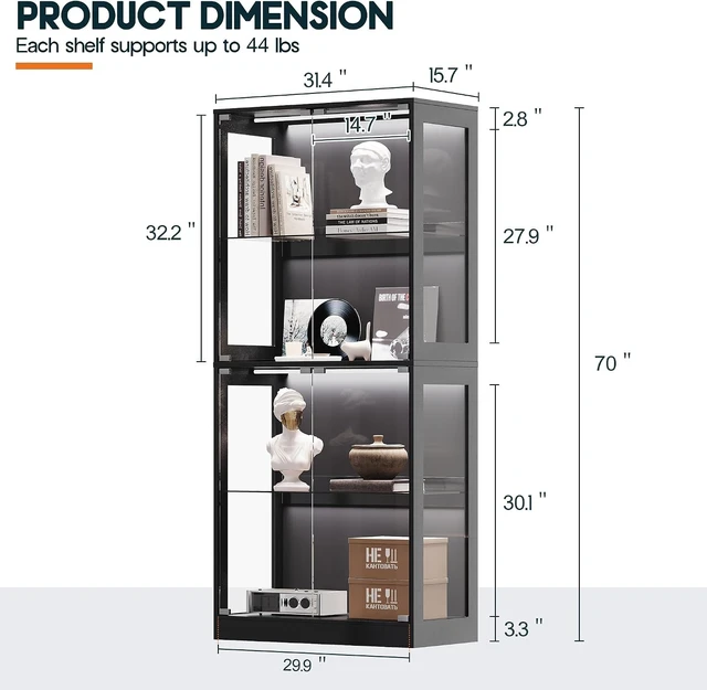 Alt view image 2 of 7 - 70 H x 32 W x 16 D Inch RGB Display Cabinet with Glass Shelves 4-Tier Storage, RGB LED Lights, Press-to-Open Doors, for Collectibles, Black