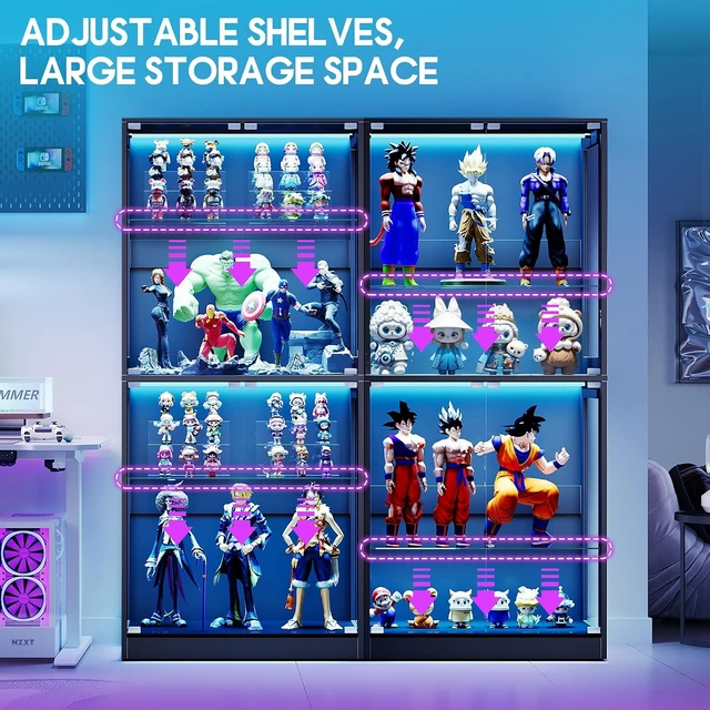 Alt view image 3 of 7 - 70 H x 32 W x 16 D Inch RGB Display Cabinet with Glass Shelves 4-Tier Storage, RGB LED Lights, Press-to-Open Doors, for Collectibles, Black