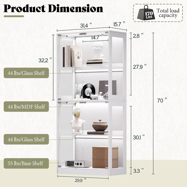 Alt view image 2 of 7 - 70 H x 32 W x 16 D Inch RGB Display Cabinet with Glass Shelves 4-Tier Storage, RGB LED Lights, Press-to-Open Doors, for Collectibles, White