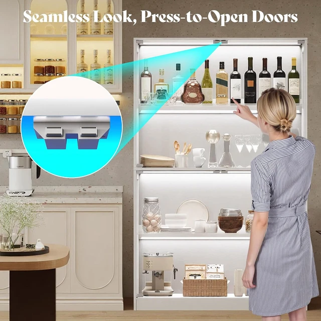 Alt view image 3 of 7 - 70 H x 32 W x 16 D Inch RGB Display Cabinet with Glass Shelves 4-Tier Storage, RGB LED Lights, Press-to-Open Doors, for Collectibles, White