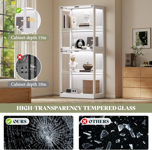 Alt view image 6 of 7 - 70 H x 32 W x 16 D Inch RGB Display Cabinet with Glass Shelves 4-Tier Storage, RGB LED Lights, Press-to-Open Doors, for Collectibles, White