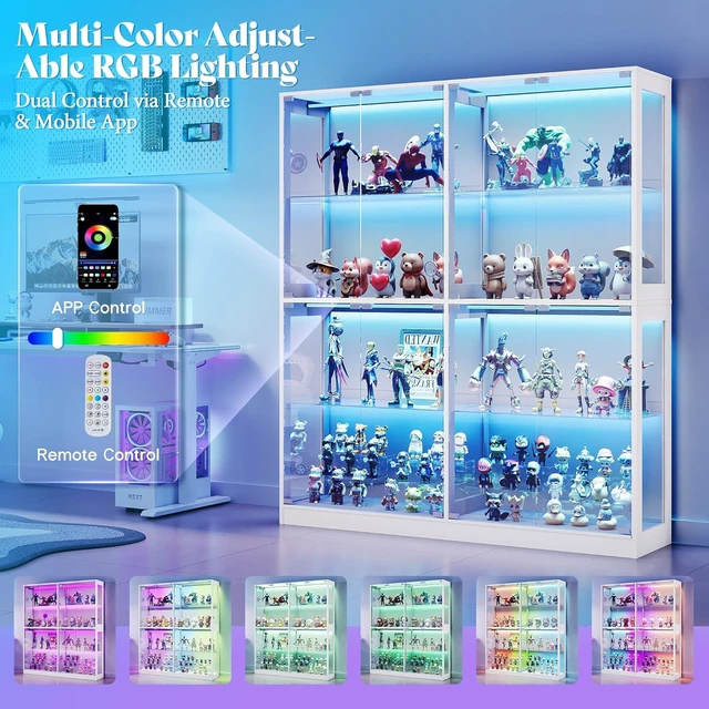 Alt view image 4 of 7 - 70 H x 32 W x 16 D Inch RGB Display Cabinet with Glass Shelves 4-Tier Storage, RGB LED Lights, Press-to-Open Doors, for Collectibles, White