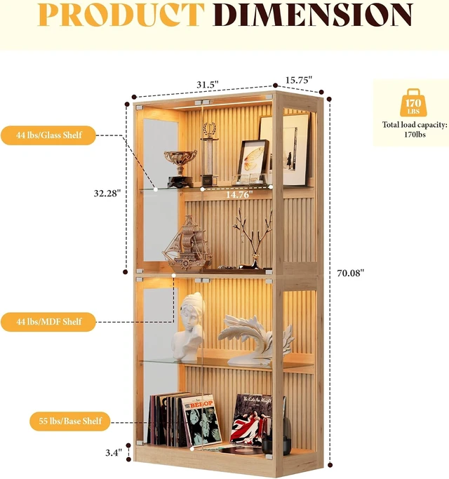 Alt view image 2 of 7 - 32-Inch RGB Display Cabinet with Glass Shelves 70 H x 32 W x 16 D In, 4-Tier Storage, RGB LED Lights, Press-to-Open Doors, for Collectibles, Wood-Grain Slatted Finish