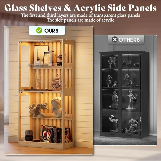 Alt view image 4 of 7 - 32-Inch RGB Display Cabinet with Glass Shelves 70 H x 32 W x 16 D In, 4-Tier Storage, RGB LED Lights, Press-to-Open Doors, for Collectibles, Wood-Grain Slatted Finish