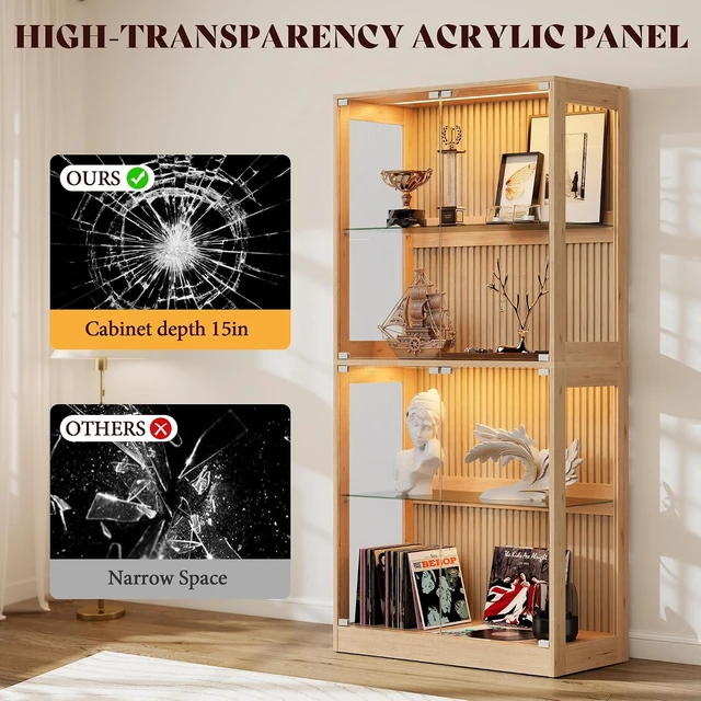 Alt view image 6 of 7 - 32-Inch RGB Display Cabinet with Glass Shelves 70 H x 32 W x 16 D In, 4-Tier Storage, RGB LED Lights, Press-to-Open Doors, for Collectibles, Wood-Grain Slatted Finish