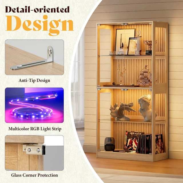 Alt view image 5 of 7 - 32-Inch RGB Display Cabinet with Glass Shelves 70 H x 32 W x 16 D In, 4-Tier Storage, RGB LED Lights, Press-to-Open Doors, for Collectibles, Wood-Grain Slatted Finish