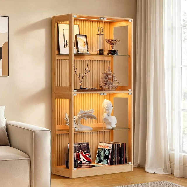 Main image of 32-Inch RGB Display Cabinet with Glass Shelves 70 H x 32 W x 16 D In, 4-Tier Storage, RGB LED Lights, Press-to-Open Doors, for Collectibles, Wood-Grain Slatted Finish