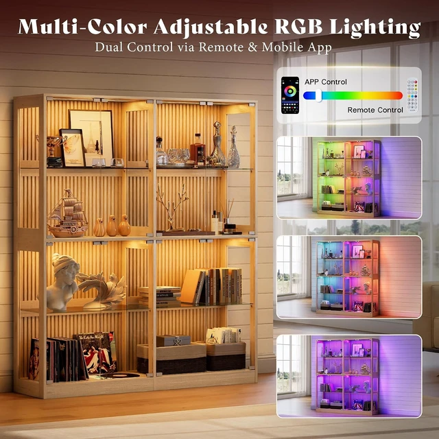 Alt view image 3 of 7 - 32-Inch RGB Display Cabinet with Glass Shelves 70 H x 32 W x 16 D In, 4-Tier Storage, RGB LED Lights, Press-to-Open Doors, for Collectibles, Wood-Grain Slatted Finish