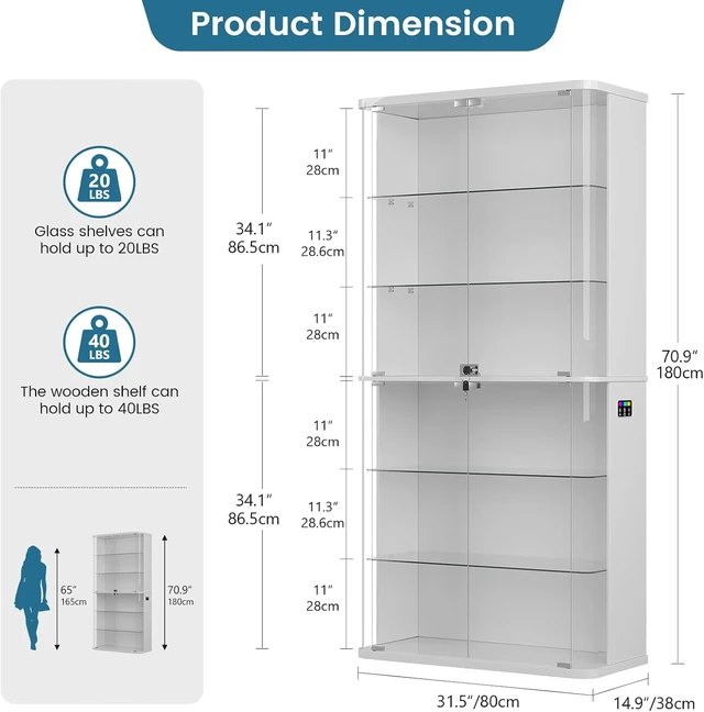 Alt view image 2 of 7 - 6-Tier 71" Tall Display Cabinet with Glass Doors and RGB Lights Rounded Curio Cabinet with Motion Sensor, Lockable Display Case for Collectibles & Action Figures,Trophy case for Living Room