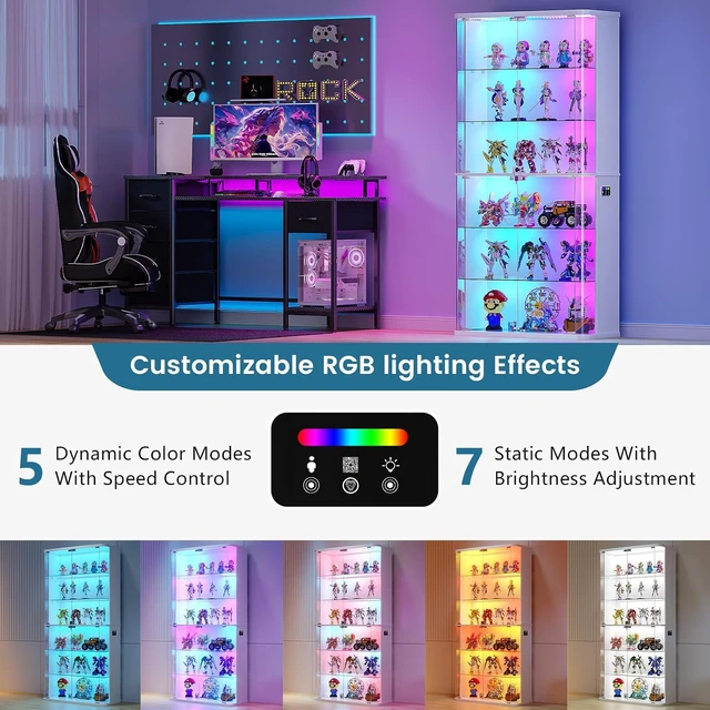 Alt view image 3 of 7 - 6-Tier 71" Tall Display Cabinet with Glass Doors and RGB Lights Rounded Curio Cabinet with Motion Sensor, Lockable Display Case for Collectibles & Action Figures,Trophy case for Living Room
