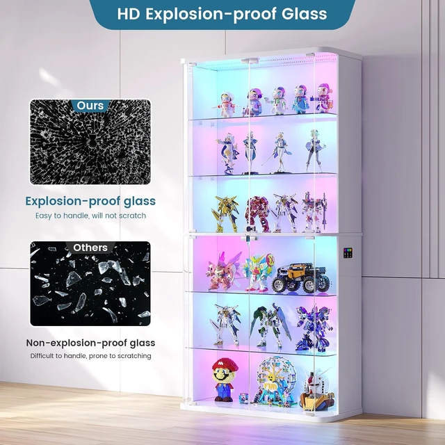Alt view image 5 of 7 - 6-Tier 71" Tall Display Cabinet with Glass Doors and RGB Lights Rounded Curio Cabinet with Motion Sensor, Lockable Display Case for Collectibles & Action Figures,Trophy case for Living Room